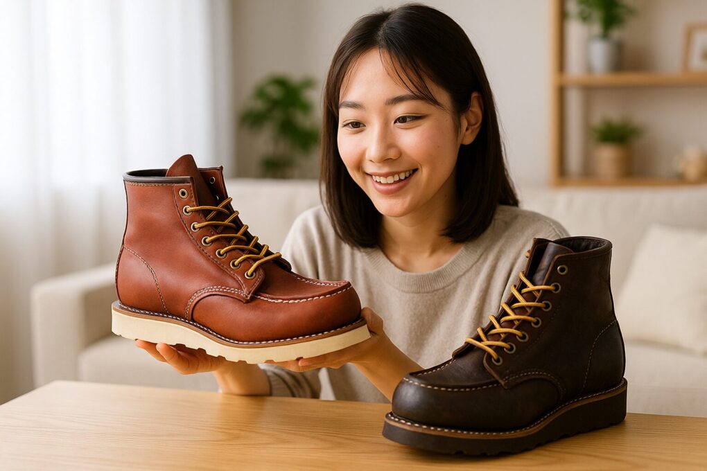 若い日本人女性が明るいリビングで2種類のレッドウィング風ワークブーツを手に取り、比較しながら笑顔で見つめている様子