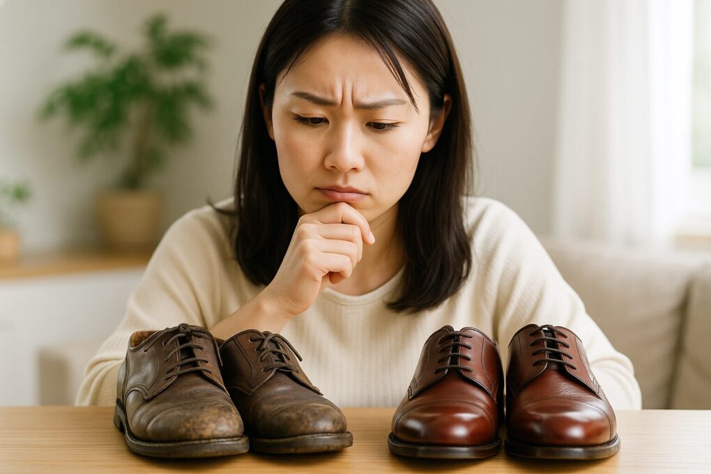 若い日本人女性が明るい室内で、汚れた革靴と手入れされた革靴を見比べながら真剣に悩んでいる様子