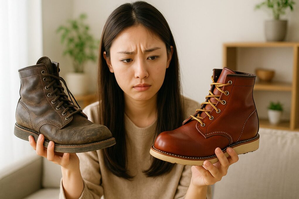 若い日本人女性が明るい室内で、古びたブーツと新品のブーツを手に持ち、年齢層に合う選び方を悩んでいる様子