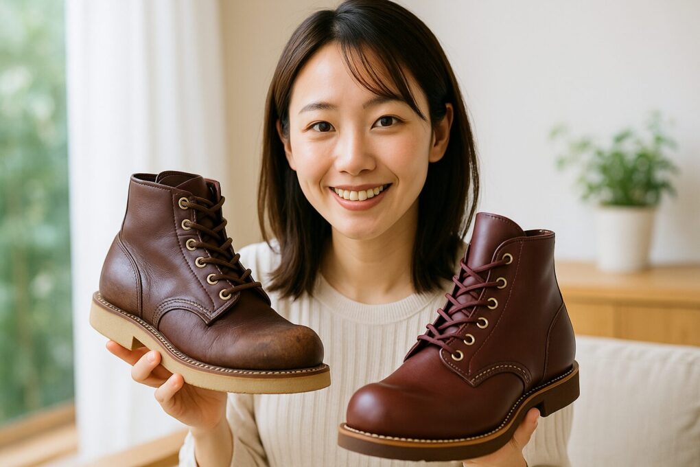 若い日本人女性が明るい室内で、レッドウィング風の2種類のブーツを手に持ち、レディースラインの魅力を楽しそうに比較している様子