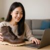 日本人女性が室内でノースウエストタイプのブーツを手に持ち、パソコンを見ながらレビューしている様子を撮影した写真