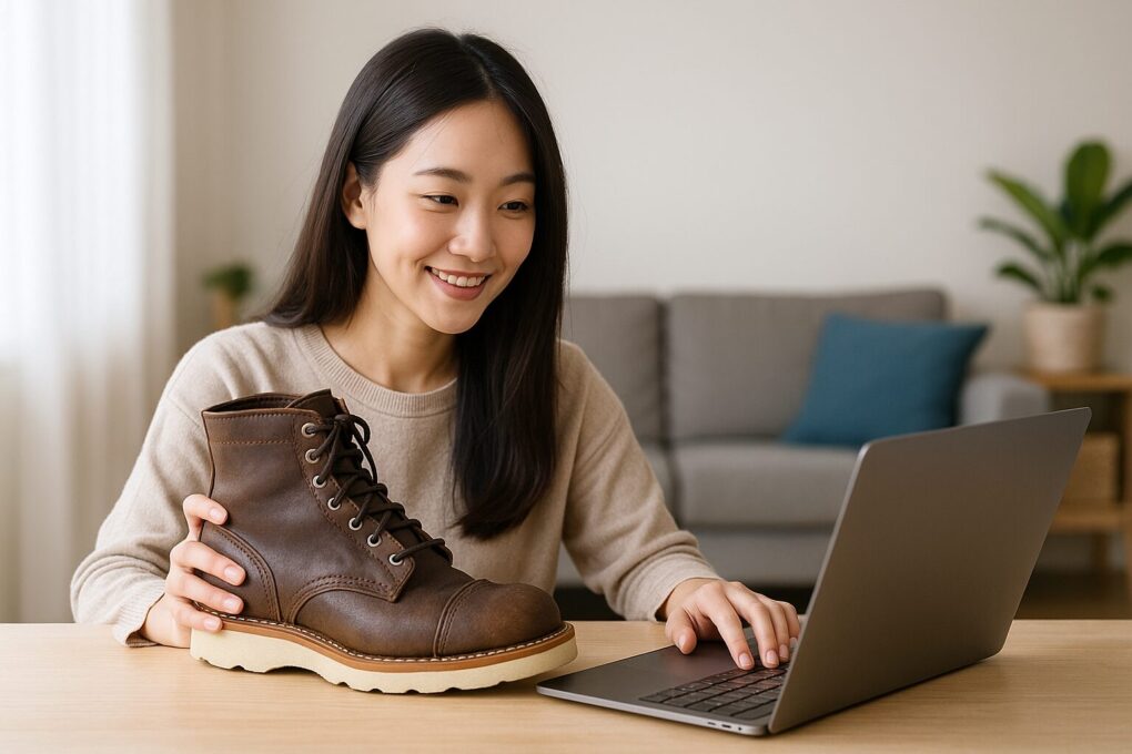 日本人女性が室内でノースウエストタイプのブーツを手に持ち、パソコンを見ながらレビューしている様子を撮影した写真