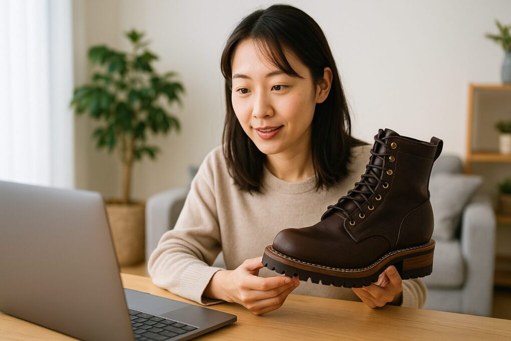 日本人女性が室内でブラウンのワークブーツを手に持ち、パソコンの画面を見ながら丁寧にチェックしている様子を写した写真