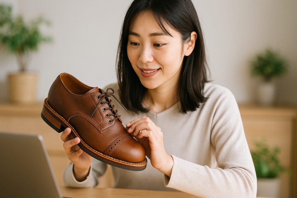 日本人女性が室内でブラウンのオックスフォードシューズを手に持ち、真剣な表情でディテールを確認している様子を写した写真
