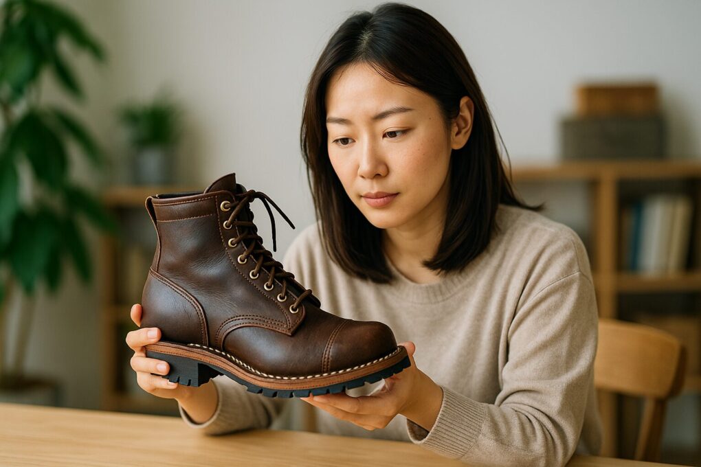 日本人女性が落ち着いた室内でブラウンのブーツを手に持ち、ディテールを丁寧に確認している様子を写した写真