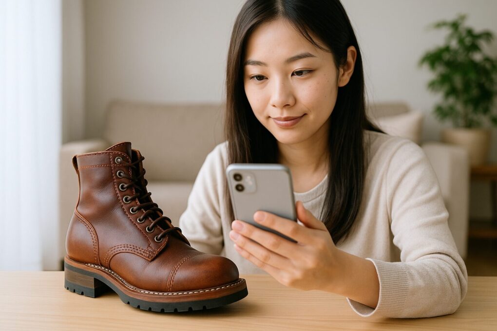 日本人女性がテーブルに置いたブラウンのブーツを前に、スマートフォンで中古相場を確認している様子を写した写真