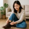 明るいリビングで日本人女性が床に座り、ブラウンのレザーブーツの紐を結びながら履き心地を確かめている様子。
