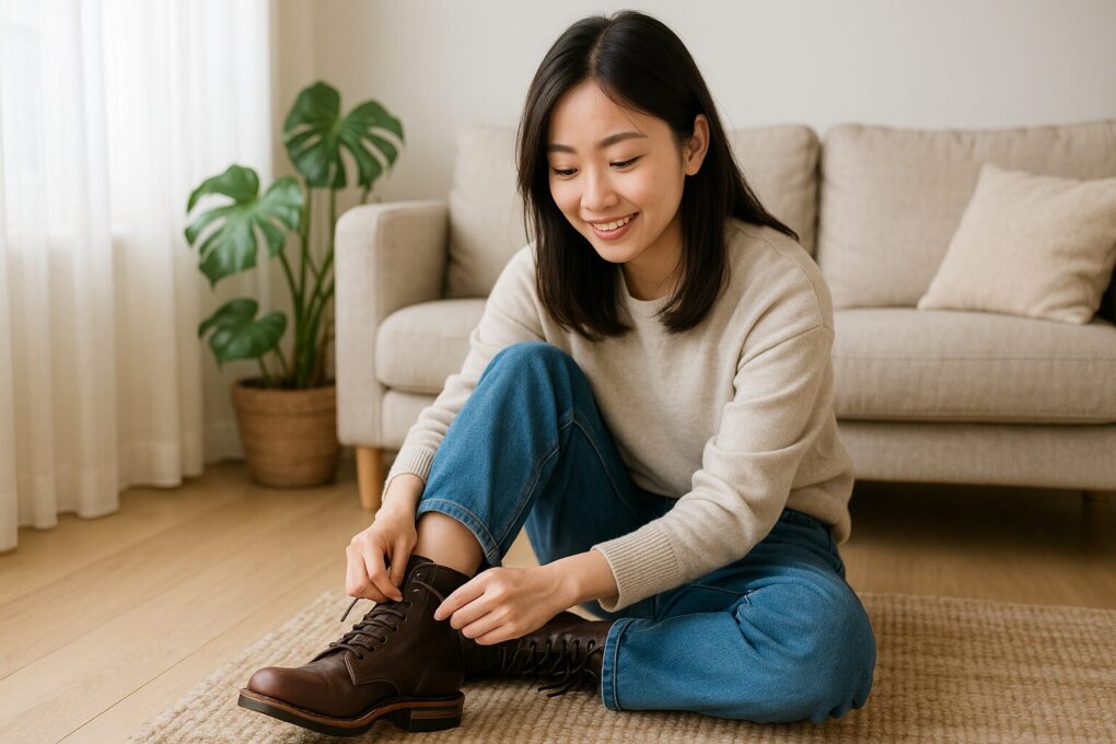明るいリビングで日本人女性が床に座り、ブラウンのレザーブーツの紐を結びながら履き心地を確かめている様子。