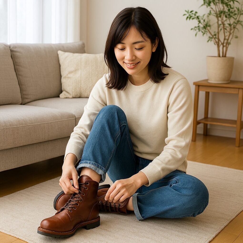 明るいリビングで日本人女性が床に座り、ブラウンのレザーブーツを履きながらフィット感を確かめている様子を写した写真。