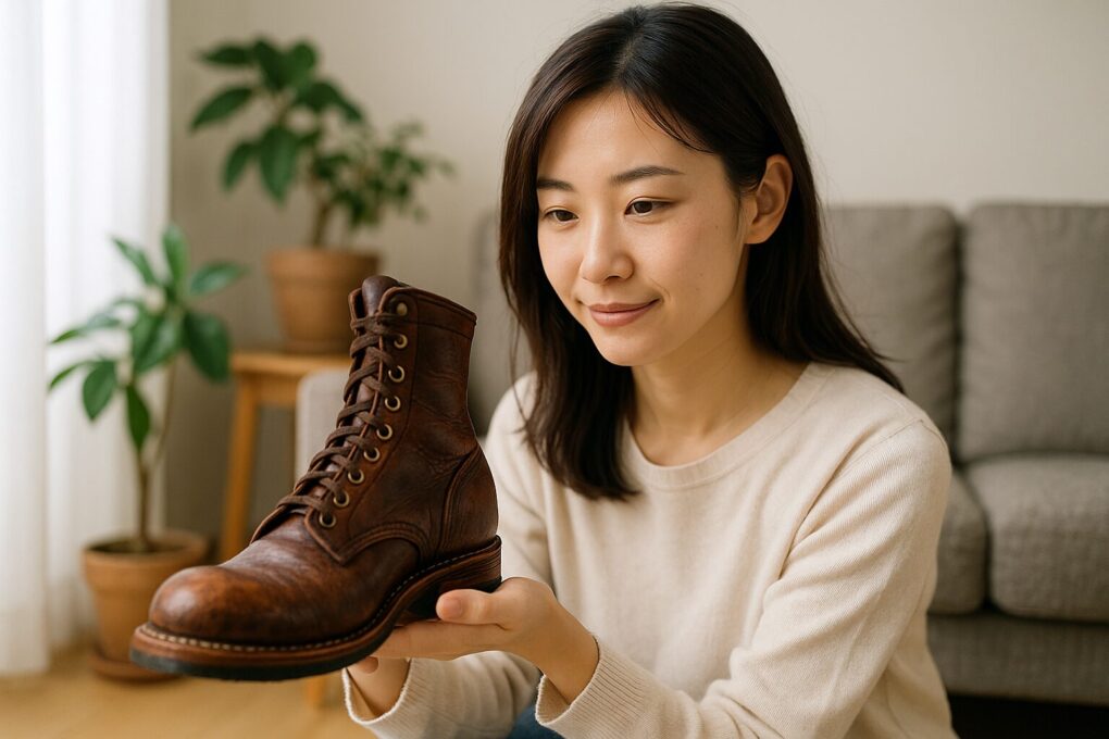 日本人女性が明るいリビングで手に持ったレザーブーツのエイジングを丁寧に観察している様子。