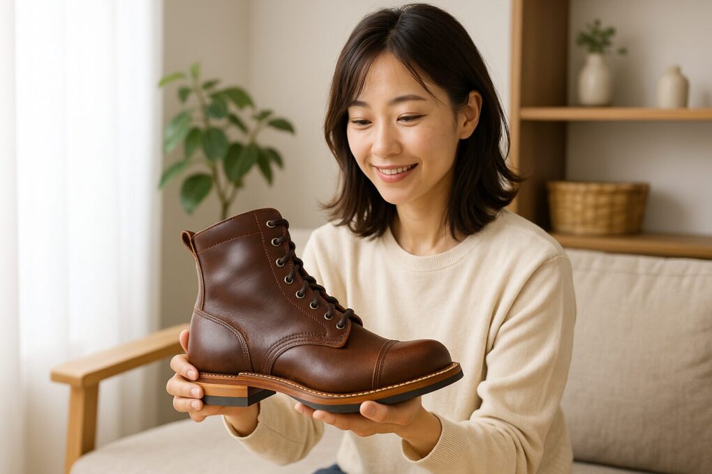 日本人女性が明るいリビングでレザーブーツを手に取り、革質の違いや風合いを比較しながら確認している様子。