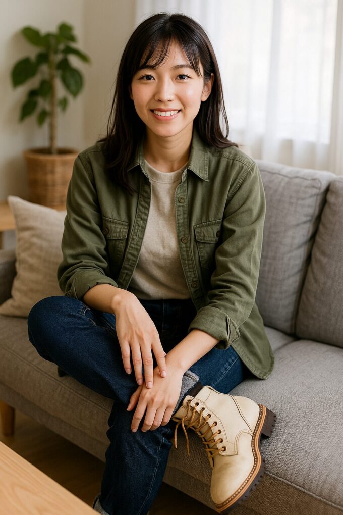 ファに座った日本人女性が、デニムと明るい色のブーツを合わせたシンプルなコーデで微笑んでいる様子を写した横長の写真