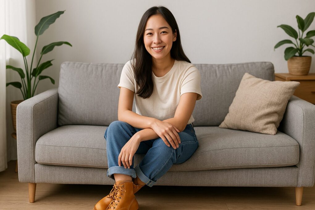 グレーのソファに座った日本人女性が、白いTシャツとロールアップしたデニム、ブラウンのレースアップブーツを合わせたシンプルなコーデで微笑んでいる様子