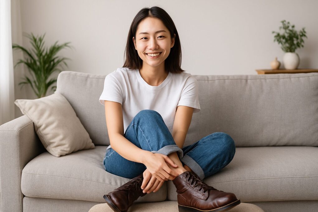 白いTシャツとロールアップデニムを着た日本人女性が、ブラウンのオックスフォードブーツを履いてソファに座り微笑んでいる様子