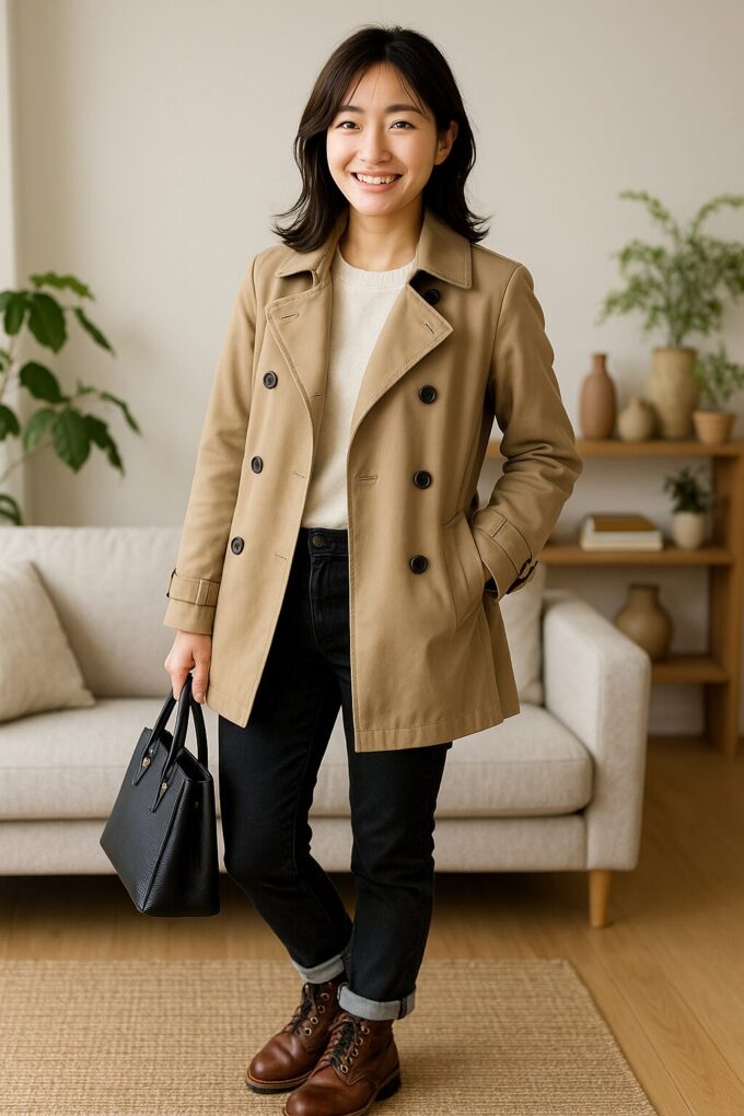 ベージュのトレンチコートと黒スキニーにブラウンのブーツを合わせた日本人女性が、明るいリビングで微笑みながら立っている様子