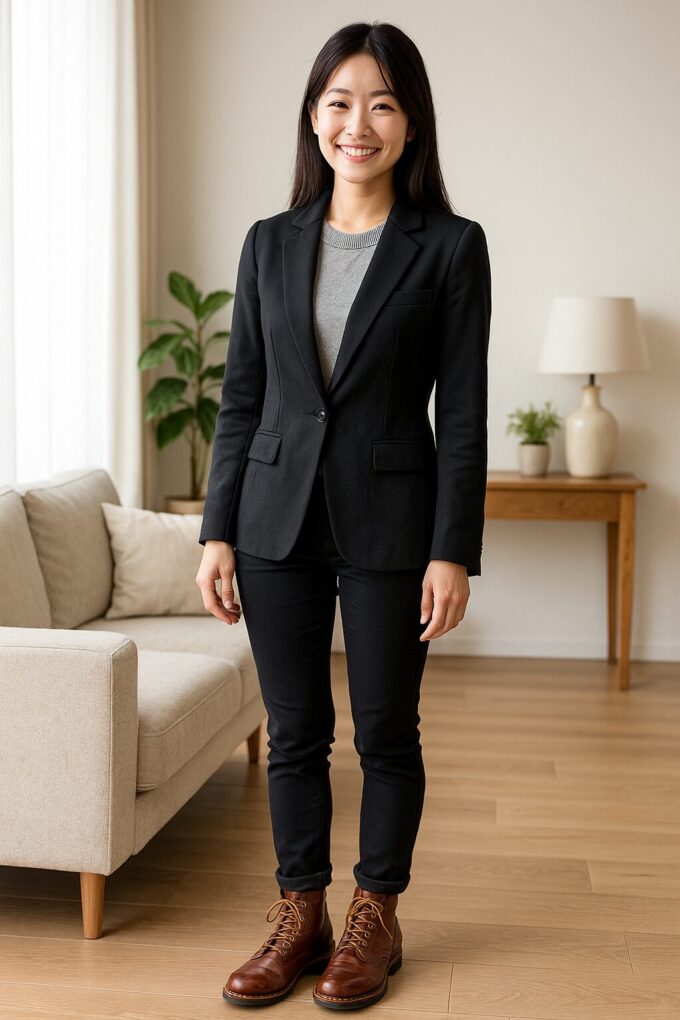 黒のジャケットとグレーニット、黒パンツにブラウンのブーツを合わせた日本人女性が、明るいリビングで微笑みながら立っている様子