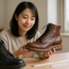 ホワイツブーツを手に取り、サイズ感を丁寧に確認している日本人女性が、明るい室内のテーブルでブーツとメジャーを見比べている様子。