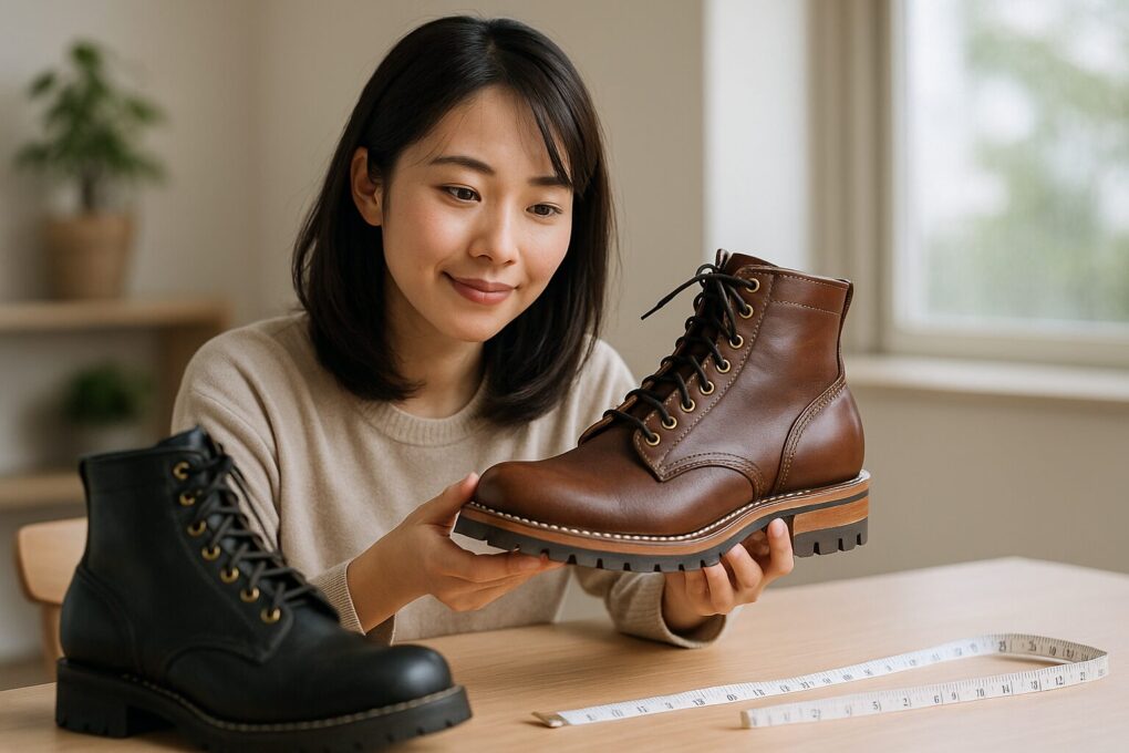 ホワイツブーツを手に取り、サイズ感を丁寧に確認している日本人女性が、明るい室内のテーブルでブーツとメジャーを見比べている様子。