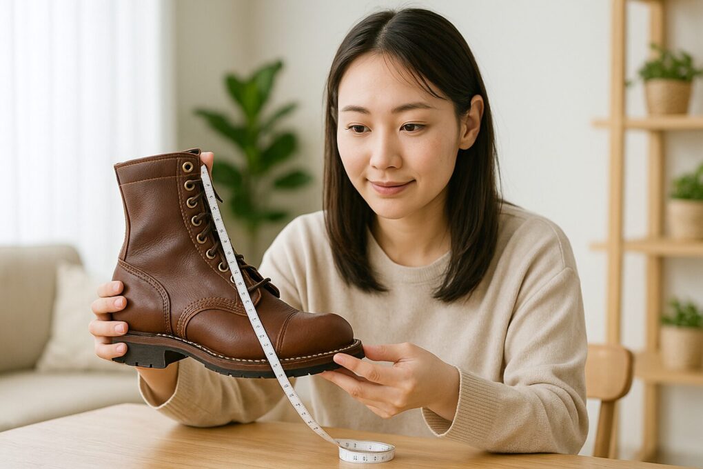 日本人女性が木製テーブルの上でホワイツブーツを手に取り、メジャーを使ってつま先から長さを丁寧に測っている様子。明るい室内で清潔感のある雰囲気。