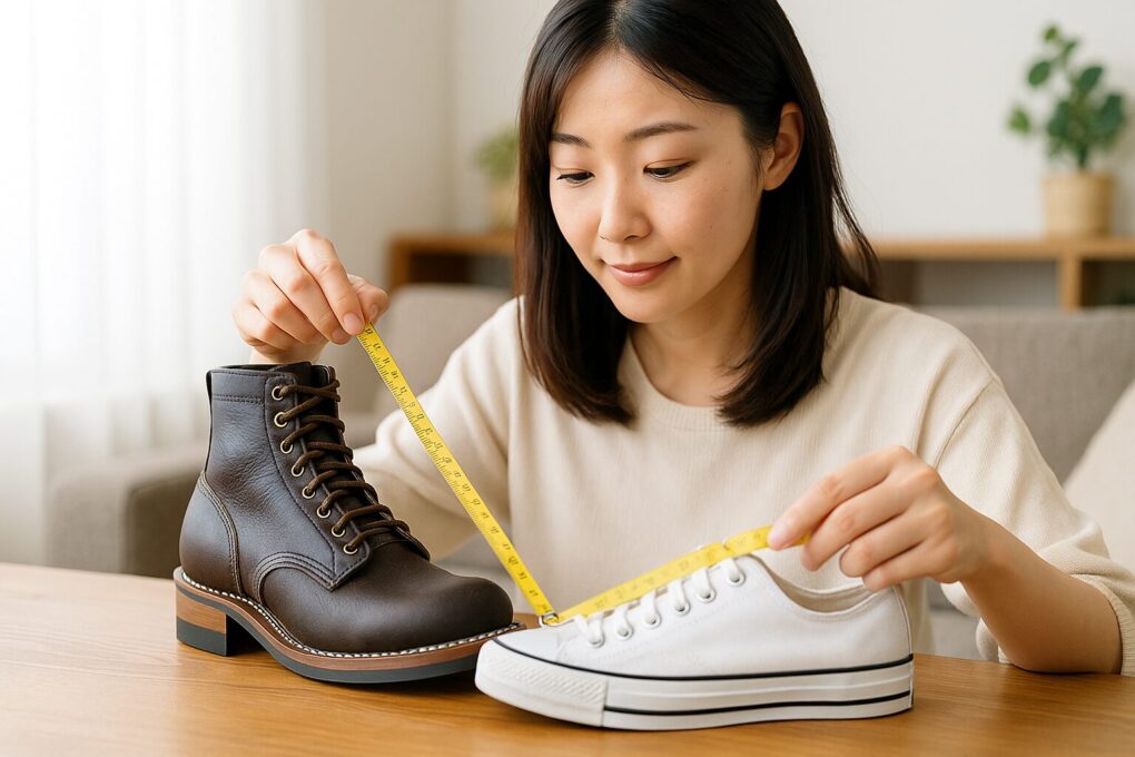 スニーカーとワークブーツを並べ、メジャーで長さを測りながら比較している日本人女性が、明るい室内のテーブルでサイズ感を確認している様子