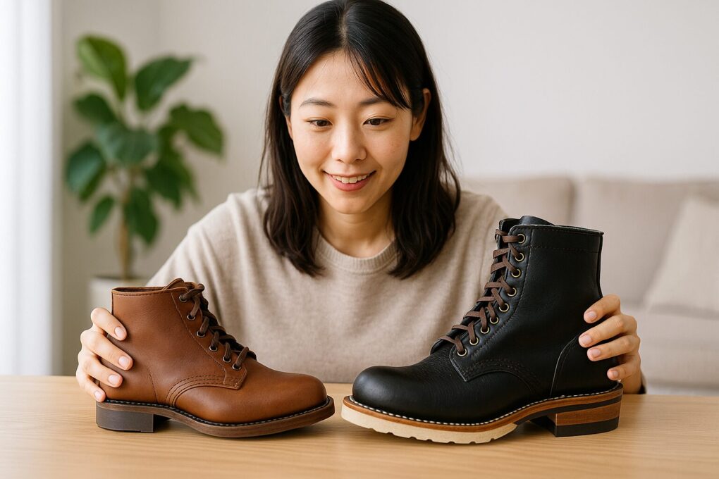 ホワイツブーツの異なるラストを比較するために、黒とブラウンのブーツを手に取り、丁寧に見比めている日本人女性がテーブル越しに微笑んでいる様子