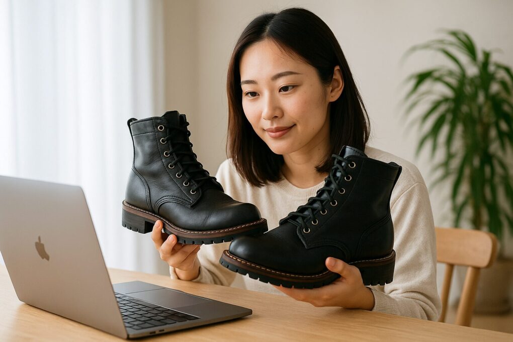 ホワイツブーツを手に取り履き心地を確かめる日本人女性が明るい部屋でブーツを眺めている様子