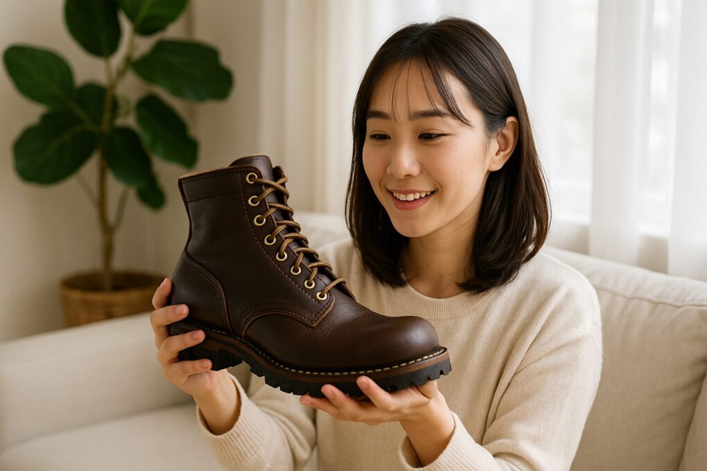 日本人女性が明るいリビングでブラウンのホワイツブーツを手に取り、履き心地を確かめながら微笑んでいる様子