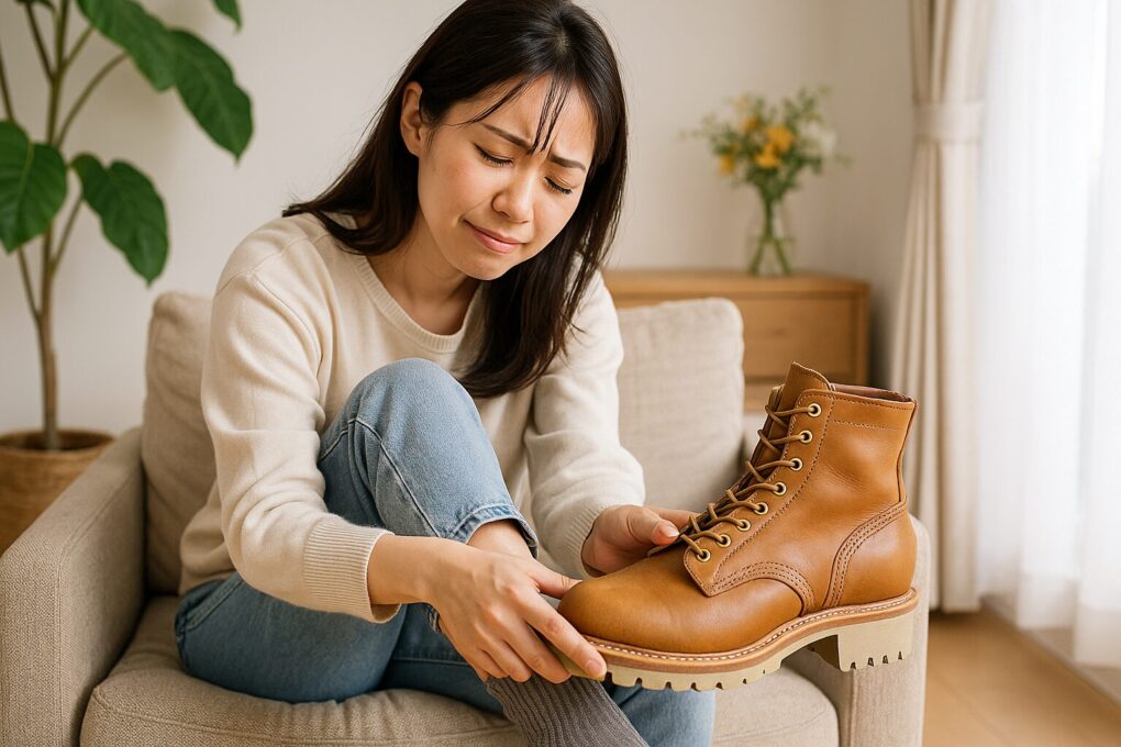 アーチイーズの痛みに悩む日本人女性がソファに座り、足元のブーツを押さえながら違和感を確認している様子