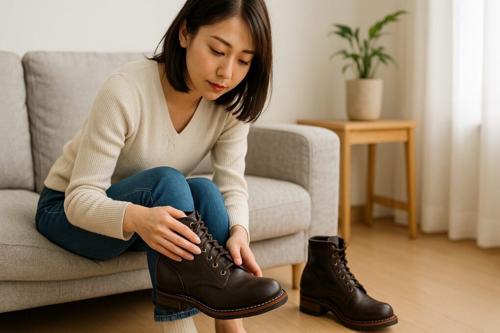 日本人女性がリビングでホワイツブーツを手に取り、サイズ感や履き心地を確かめながら丁寧にチェックしている様子
