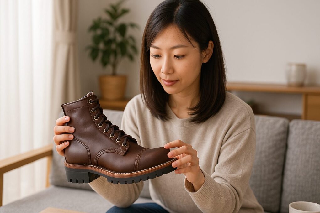 日本人女性がテーブルに並べた複数のソールを見比べながら、ホワイツブーツの履き心地の違いを検討している様子