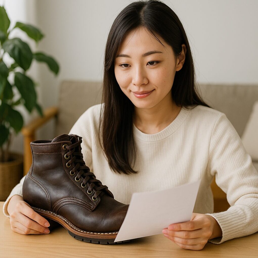 ホワイツブーツとサイズ表を確認しながら慎重に選んでいる日本人女性が、明るい室内でブーツを手に取りチェックしている様子
