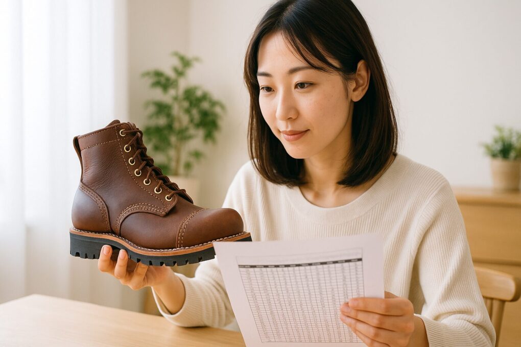 ホワイツブーツのサイズ表を確認しながら、ブラウンのレザーブーツを手に取って丁寧にサイズを検討している日本人女性が明るい室内で座っている様子