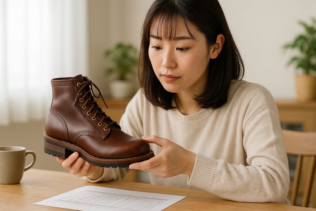 DワイズとEワイズの違いを比較するために、日本人女性がブラウンのレザーブーツを手に取り、ワイズ部分を丁寧に確認している様子