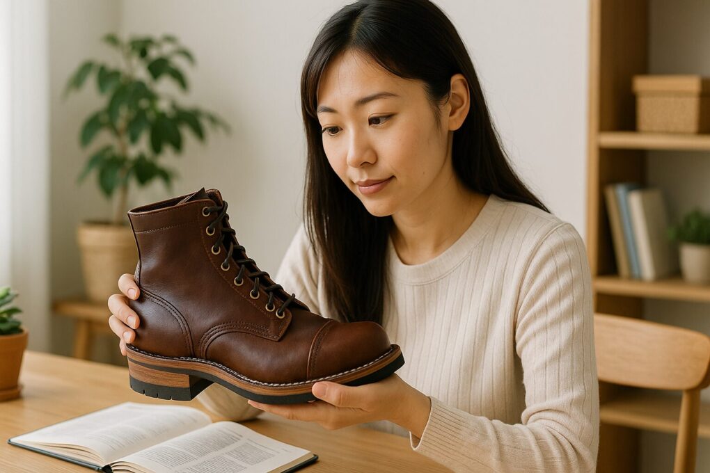 ホワイツブーツを手に取り、サイズ表の理解を深めるために細部を丁寧に確認している日本人女性が明るい室内で座っている様子