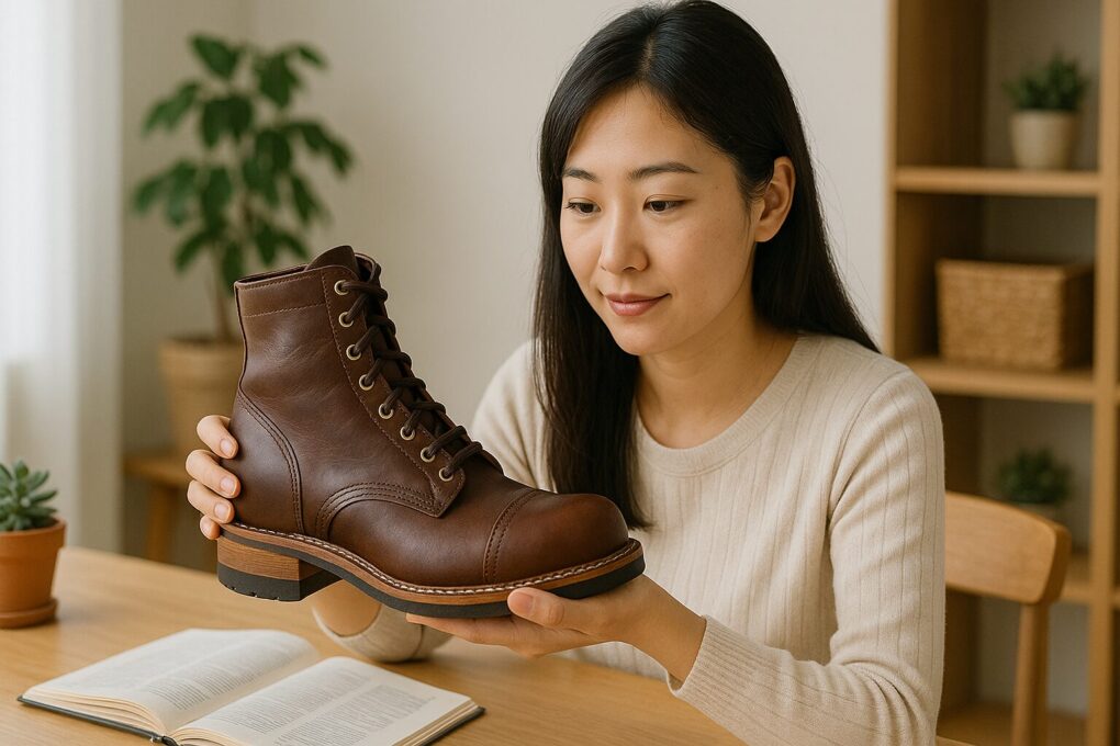 日本人女性がブラウンのホワイツブーツを丁寧に持ち上げ、モデル別のサイズ選択ポイントを確認するように静かに観察している様子