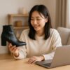 ヒールブーツを手に取りながら購入ポイントを調べている日本人女性が、明るいリビングでノートパソコンと向き合っている様子