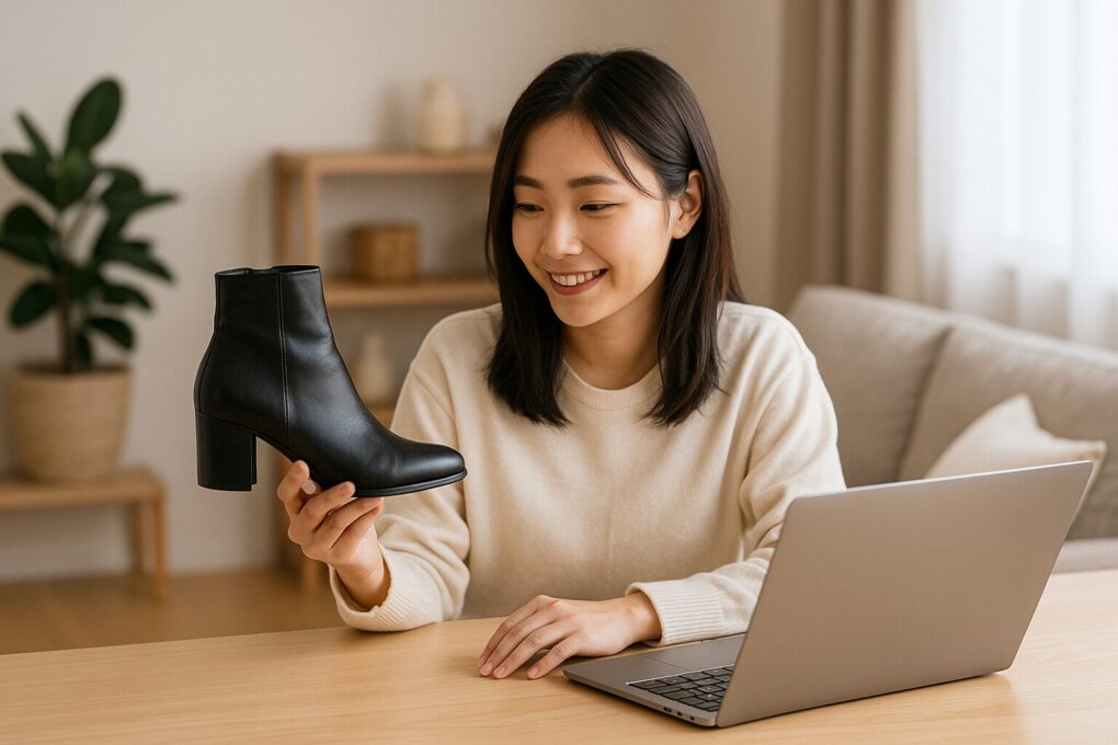 ヒールブーツを手に取りながら購入ポイントを調べている日本人女性が、明るいリビングでノートパソコンと向き合っている様子