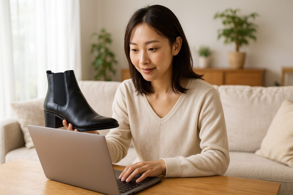 ノートパソコンを操作しながら黒いメンズヒールブーツを手に取って確認している日本人女性が、明るいリビングのソファで商品を検討している様子
