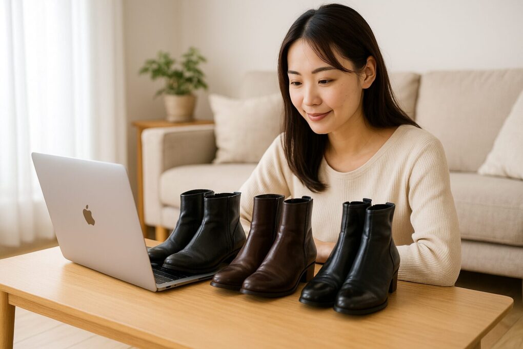 日本人女性がリビングのローテーブルに並べた数種類のメンズヒールブーツを見比べながら、ノートパソコンで購入先を比較検討している様子