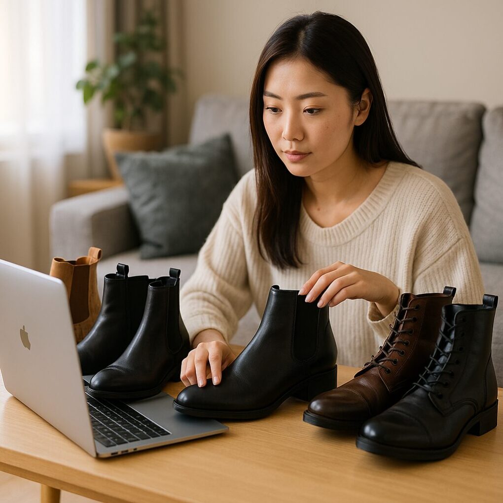 日本人女性がリビングのテーブルに並べた海外デザインのメンズブーツを手に取りながら、ASOSの通販サイトをノートパソコンで比較検討している様子