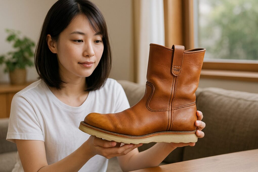 木のテーブル越しに、日本人女性がレッドウィングのペコス8155ブーツを両手で丁寧に持ち上げ、革のエイジング具合を真剣に観察している様子。明るいリビングの自然光がブーツの艶と質感を際立たせ、柔らかな雰囲気の部屋の中でブーツのキャメル色が美しく映えている。