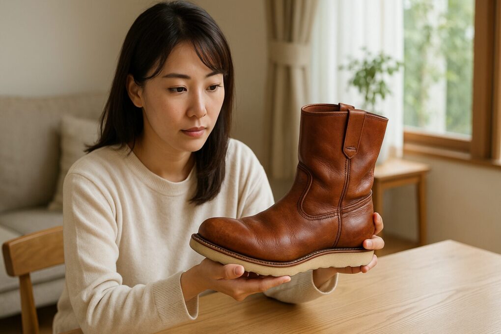 木のテーブルに向かって座る日本人女性が、レッドウィングのペコス8155ブーツを丁寧に両手で持ち上げ、革の質感やエイジングの深まりをじっくり観察している様子。柔らかな自然光が室内に差し込み、ブーツのブラウンレザーの艶やシワが自然で美しく際立っている。