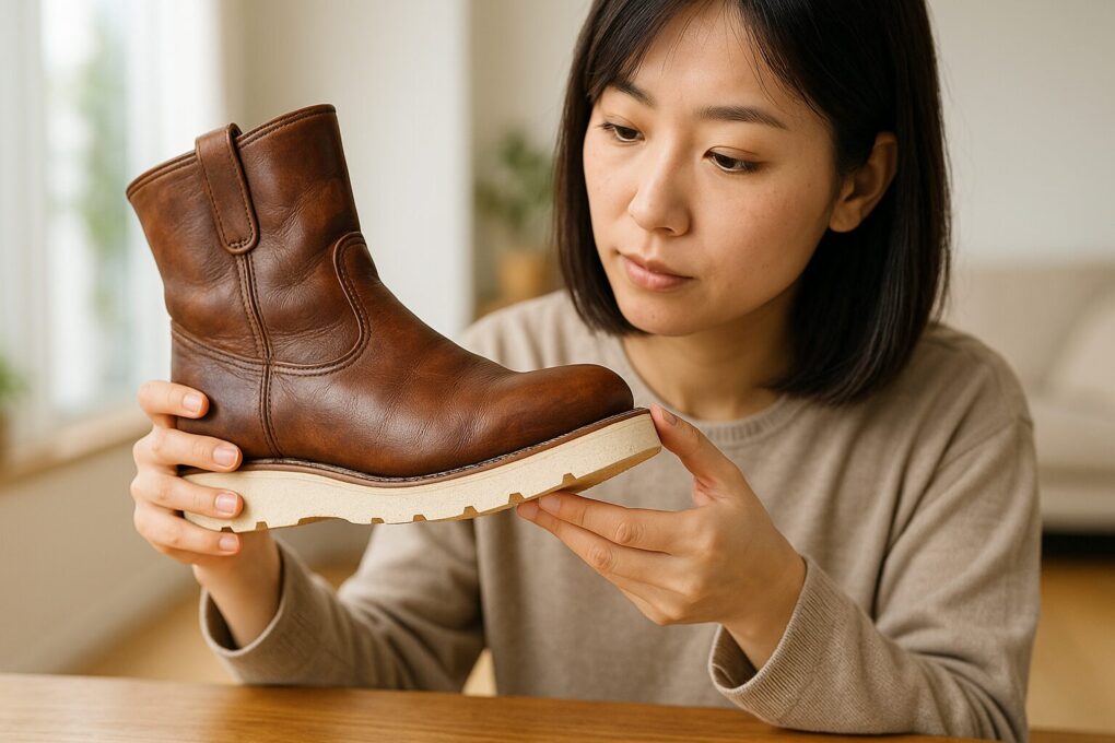 日本人女性が木のテーブル越しにブーツを手に取り、ケミガムコルクソールの凹凸や質感を注意深く観察している様子。明るい自然光が室内に差し込み、ソールのクリーム色と革のブラウンが柔らかく際立って見える、清潔感のあるシーン。