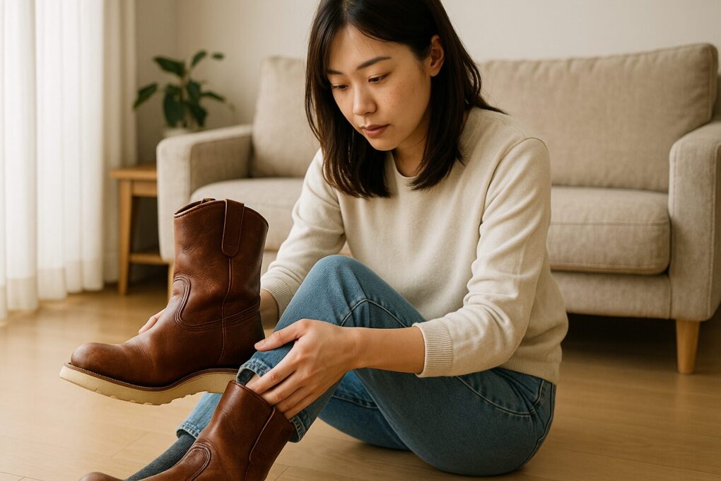 明るいリビングの床に座った日本人女性が、レッドウィングのペコス8155を足に履こうとしながらフィット感を確かめている様子。自然光が差し込み、ブラウンレザーの質感やソールの明るい色合いが柔らかく際立っている。