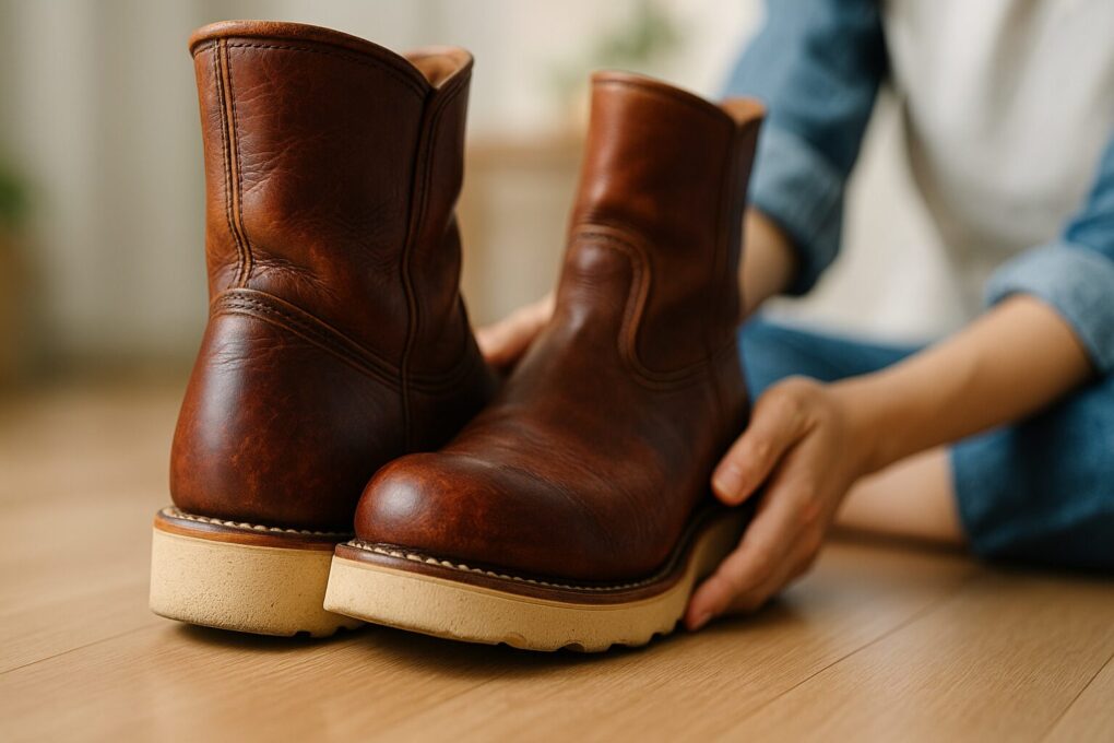日本人女性が床に置かれたレッドウィングのペコス8155ブーツを手で支えながら、エイジングで深まった革の艶や茶芯の浮き出た表情を確認している様子。自然光がブラウンレザーの経年変化を柔らかく照らし、ソールとのコントラストが美しく際立っている。