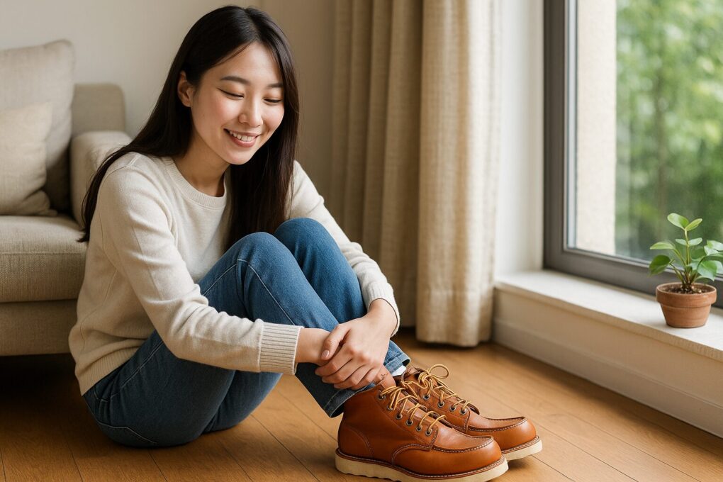 明るい部屋で日本人女性が床に座り、デニムとニットに合わせてレッドウィングのクラシックモックを履き、リラックスしながら微笑んでいる様子。