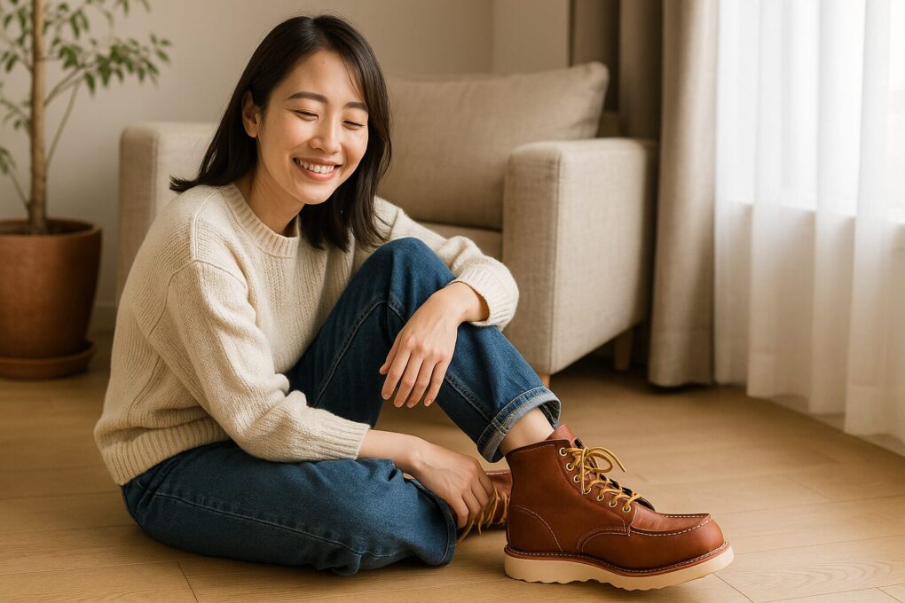 明るいリビングで日本人女性が床に座り、デニムにロールアップを合わせてレッドウィングのクラシックモックを履き、リラックスして微笑んでいる様子。