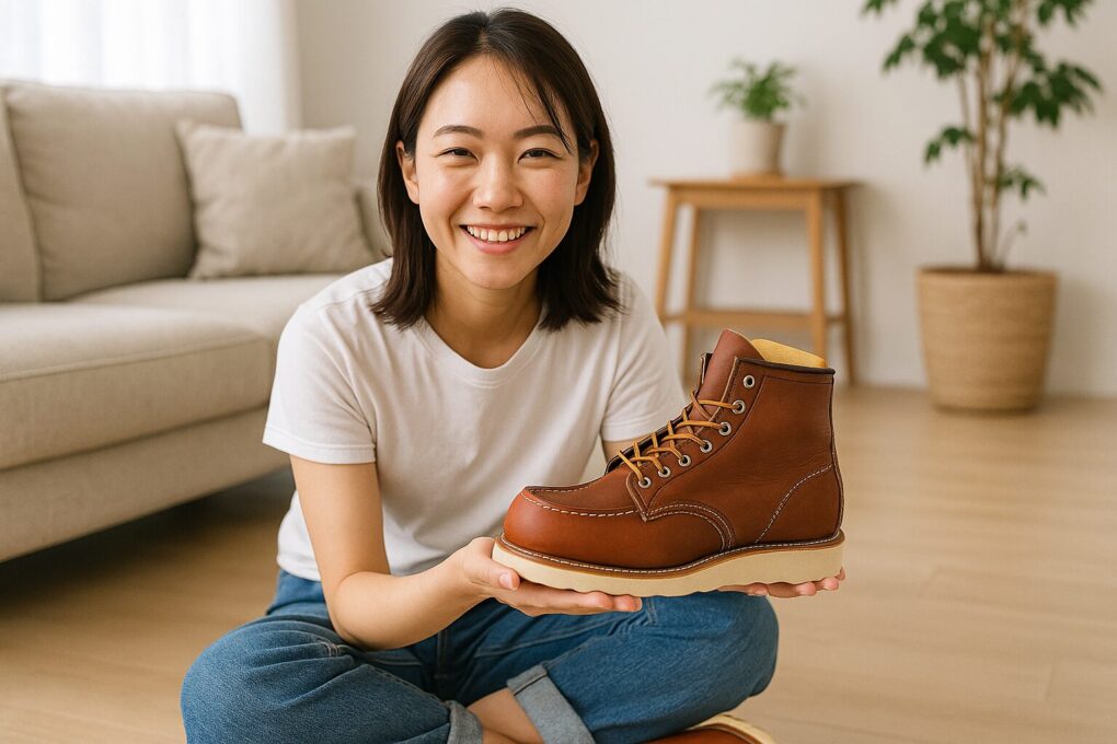 明るいリビングで日本人女性が床に座り、レッドウィングのクラシックモックを両手で持ちながら微笑んでいる様子。