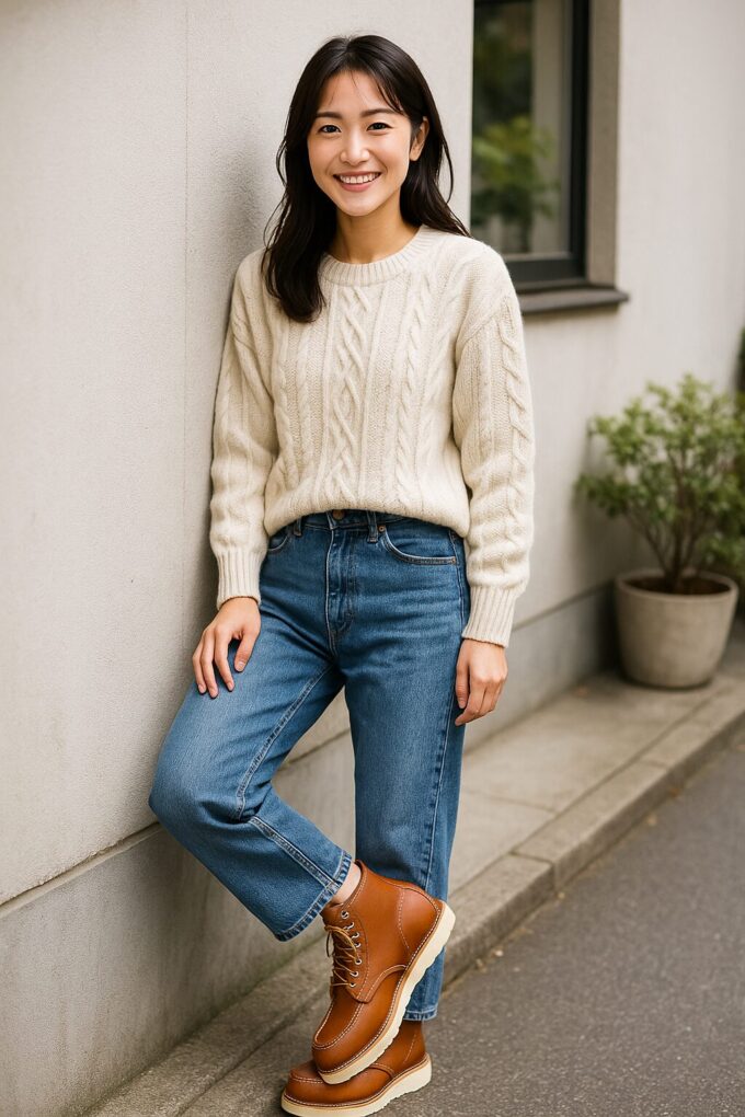 明るい屋外で日本人女性がベージュのニットとデニムにレッドウィングのクラシックモックを合わせ、壁に寄りかかって微笑んでいる様子。