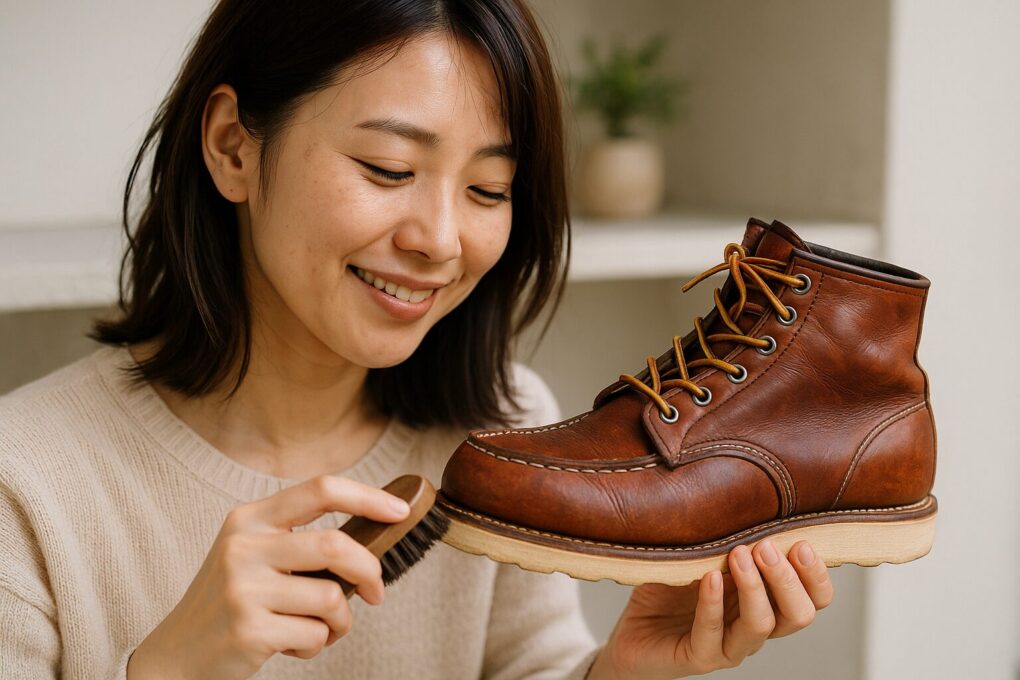 日本人女性が室内でレッドウィングのクラシックモックを手に持ち、ブラシで丁寧にメンテナンスしながら微笑んでいる様子。